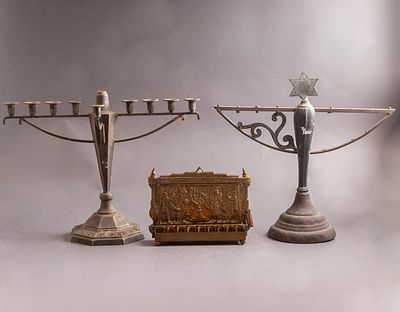 Hanukkah Menorahs. Lot of 3 Hanukkah Menorahs, including: * Bezalel-style Hanukkah Menorah