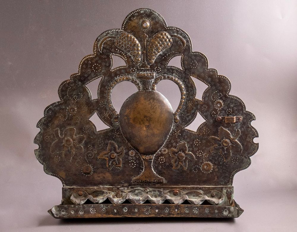 Dutch Hanukkah Menorah. 19th century Dutch brass Hanukkah Menorah. Back decorated with open work 
