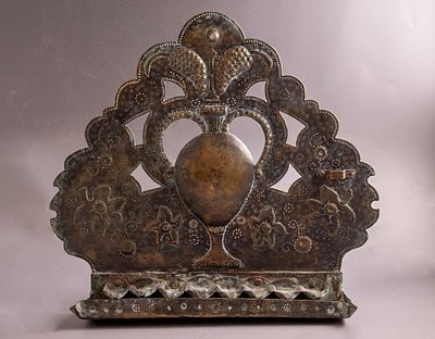 Dutch Hanukkah Menorah. 19th century Dutch brass Hanukkah Menorah. Back decorated with open work
