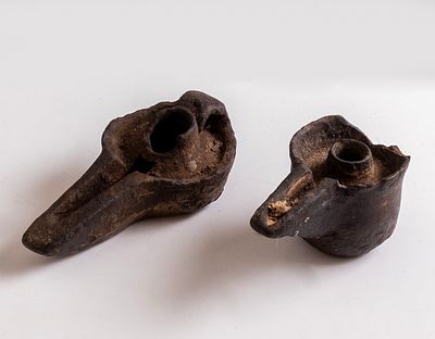 Antique Yemenite Stone Carved Oil Lamps. Lot 2 antique clay oil lamps, 18th century - 19th