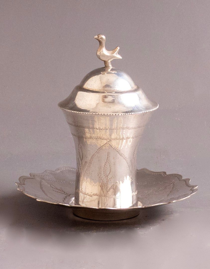 Iraqi Silver Kiddush Cup. Early 20th century Iraqi Silver Kiddush cup with a matching lid and 