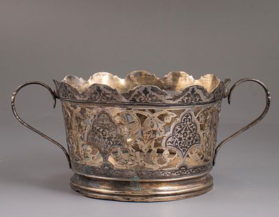 Soviet Silver & Niello Bowl. Soviet 875 silver bowl, pierced and decorated with niello work 