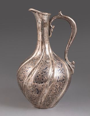 Soviet Silver & Niello Jug. Soviet 875 silver jug, decorated with niello work featuring floral 