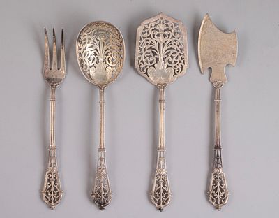 Puiforcat Silver Dessert Serving Utensils, France. French silver 4-piece cutlery set for dessert 
