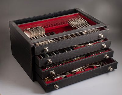 German Silver Cutlery Set. Silver cutlery parts, mostly German. Most of the parts are from one 