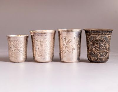 Silver Cups, Russia. Lot of four 84 silver cups, Russia, late 19th century. Decorated with 