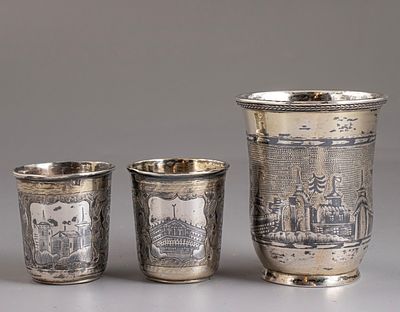 Russian Silver Cups. Lot of three Russian 84 silver cups. Decorated with niello work and 