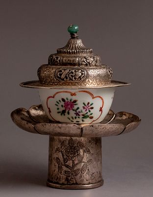 Silver Tibetan Cup Stand. Silver Tibetan cup stand, circa mid 20th century. Decorated with 
