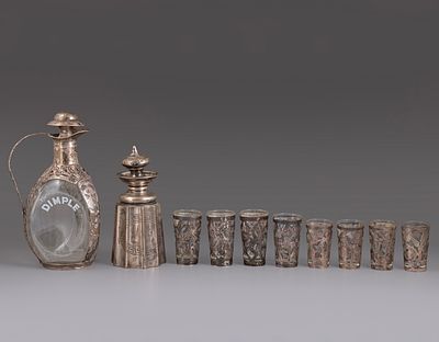 Silver & Glass Items. Lot of silver and glass items, including a 12 silver bottle, a glass 