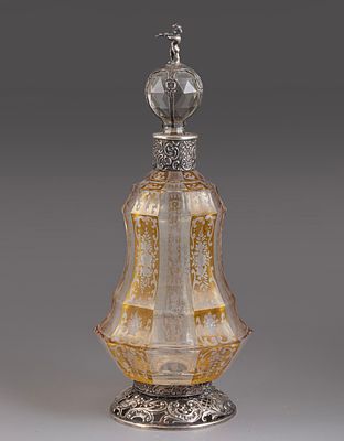 Silver & Glass Decanter, Hanau. German crystal and silver decanter, circa 1900. Top of the 