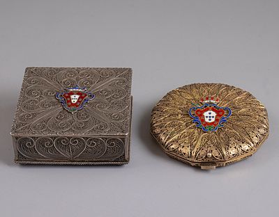 Silver Filigree Boxes. Lot of silver filigree items, including a box and a compact, decorated 