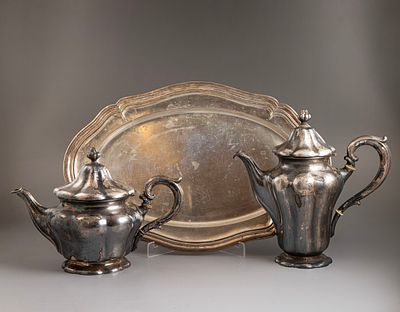 Silver Items, Germany. Lot of German tray and 2 teapots by Wilhelm T. Binder. Tray size: 46X30 
