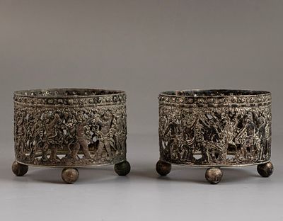 Silver Wine Bottle Coasters, Germany. Pair of 800 silver wine bottle coasters, Germany. 