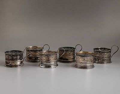 German Silver Cup Holders, Posen. Set of six 800 silver cup holders by Posen, Germany. Height: 7 