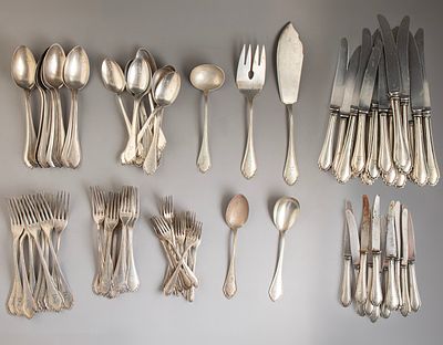 Silver Cutlery. Lot of 800 silver cutlery, Germany. Including forks, spoons, a ladle, serving 