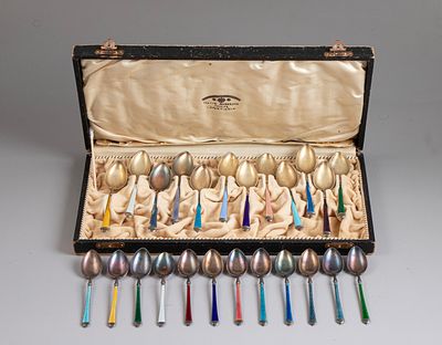 Norwegian Silver & Enamel Teaspoons, David Andersen. Lot of two sets of 12 Norwegian sterling 