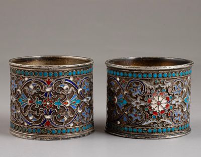 Silver & Enamel Napkin Rings. Pair of silver napkin rings, Apparently Russia, 19th century. 