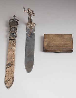 Silver Items. Lot of silver items, including an 835 silver cigarette case, a 917 silver letter 