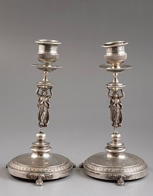 Silver Candlesticks, Italy. Pair of 800 silver candlesticks, Italy, circa 1900. Decorated with 