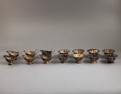 Silver Items, Germany. Lot of 8 silver salt cellars and 6 sauce boats, Germany. Height: 3.5-4.5 