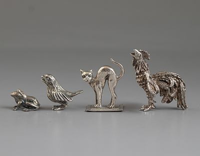 Silver Miniatures. 4 miniature silver figurines, animals. Height: 1.5-3.5 cm, total weight: 60 