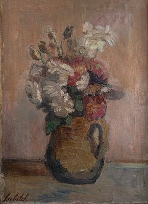 Ossip Lubitch (1896-1990). אוסיף לוביץ (1896-1990), טבע דומם, שמן על בד, 46X33 ס"מ, חתום. פגם קל 