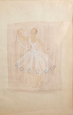 לאון זאק (1892-1980), מתווה לבלט, צבעי מים על נייר, 22.5X15 ס"מ, חתום.