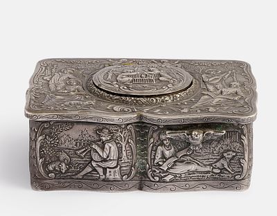 German Silver Bird Box. Silver Singing Bird Box, Germany. Dimensions: 7 x 4 x 10.5 cm. Total 