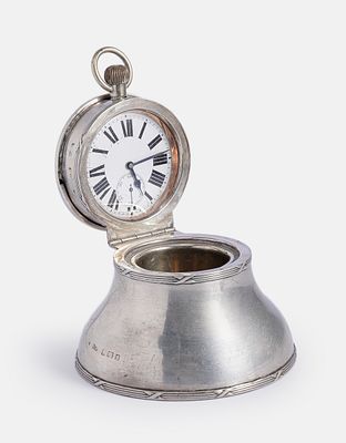 Silver Inkwell & a Pocket Watch, England. Sterling silver (weighted) inkwell by Henry Matthews 