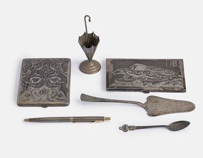 Silver Items. Lot of silver items, various origins. Including two 800 silver cigarette cases, a 