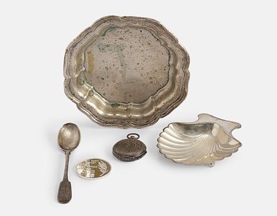 Silver Items. Lot of silver items, various origins. Including a tray, coin, shell-shaped dish by 