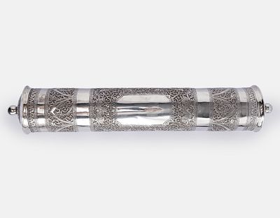 Silver Megillah Case. Silver Megillah case, embossed and engraved with animals and floral 