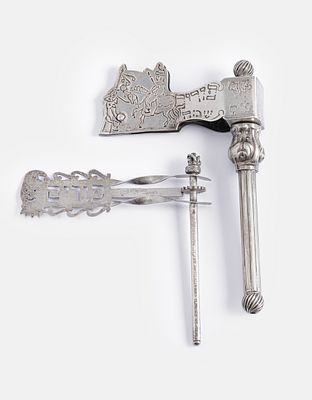 Silver Purim Graggers. Lot of 2 sterling silver Purim graggers. One decorated with engravings 