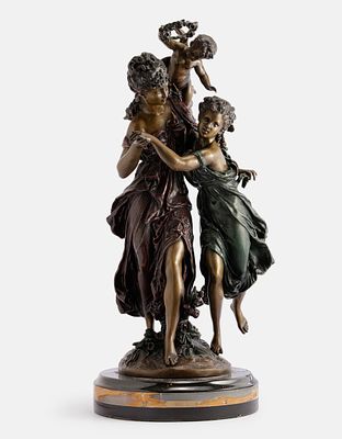 Mathurin Moreau (1822-1912), Figures, bronze sculpture attached to a marbled base, height: 60 