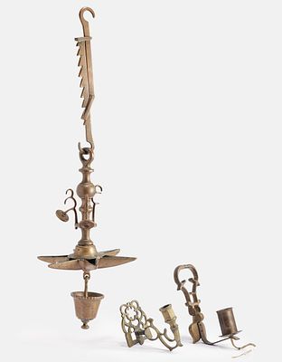 Bronze Lamps. Lot of 3 bronze lamps, including: * 19th century Jewish Shabbat lamp (Judenstern). 