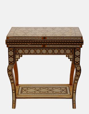 Damascene Wooden Games Table. Fine wooden games table, inlaid with mother of pearl marquetry in 