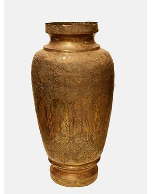 Large Syrian Copper Vase. Large Islamic copper vase, probably Syrian, engraved with scenes of 