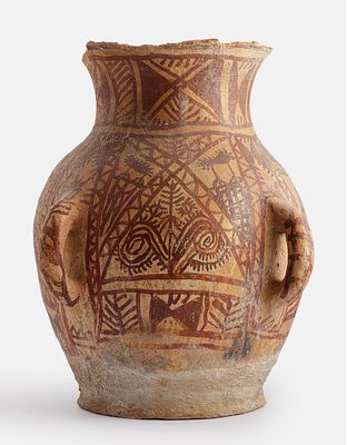 Palestinian Pottery Jar. Palestinian pottery jar, painted with geometric motifs. Height: 41 cm. 
