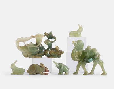 Asian Stone Sculptures. Lot of 6 Asian stone sculptures, shaped as animals. Including rabbits 