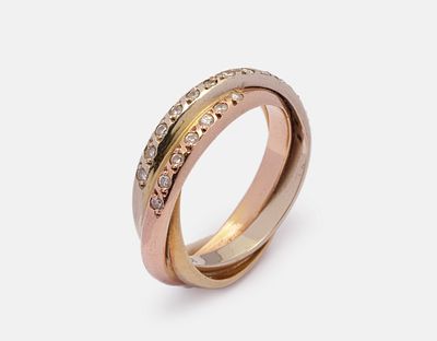Gold Diamond Ring. 14K three-tone gold ring set with 28 diamonds weighing about 1 point each. 