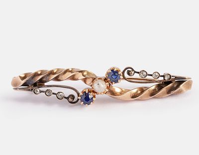 Gold, Sapphire, Rose-cut Diamond & Pearl Brooch. 14K gold brooch set with sapphires, Roses, and 