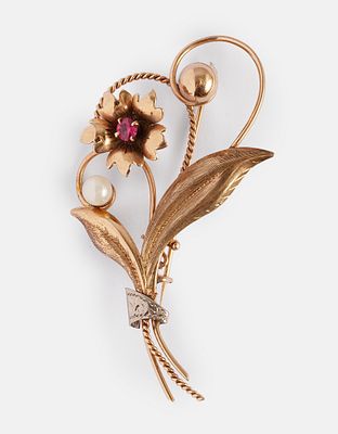 Gold, Ruby & Pearl Brooch. 14K gold brooch shaped as a flower, set with ruby and pearl. Length: 