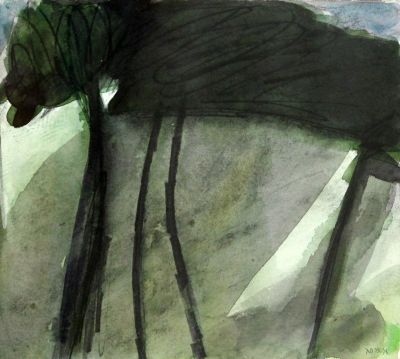 אהרון מסג, נוף עם עצים. אהרון מסג (נ. 1942), נוף עם עצים, צבע מים על נייר, 22x24 ס"מ, חתום.