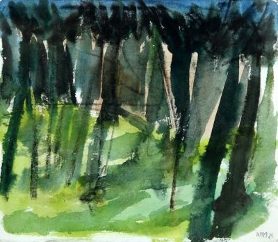 אהרון מסג, מופשט. אהרון מסג (נ.1942), עצים, צבע מים ופחם על נייר, 18x20 ס"מ, חתום.