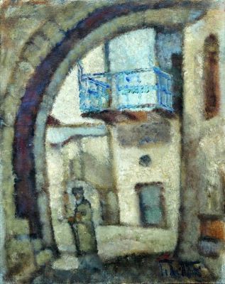 אריה אלואיל, דמות בסמטה. אריה אלואיל (1901-1967), דמות בסמטה, שמן על בד מוצמד ללוח, 38x28 ס"מ, חתום.