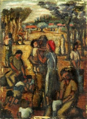 יוחנן סימון, דמויות בקיבוץ. יוחנן סימון (1905-1975), דמויות בקיבוץ, שנות ה-40, שמן על נייר מוצמד 