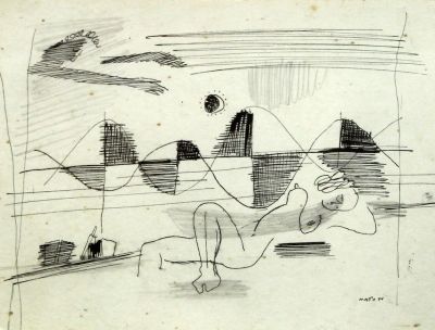 אברהם נתון (נתנזון),. אברהם נתון (נתנזון, 1906-1959), עירום נשי, דיו על נייר, 14x18 ס"מ, חתום. 