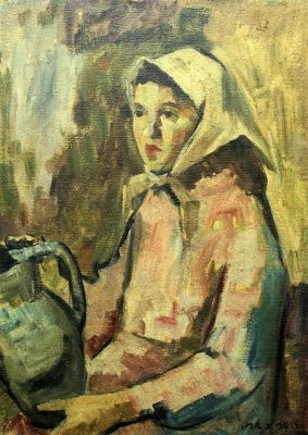 אדולף (אדי) אדלר, נערה כפריה. אדולף (אדי) אדלר (1917-1996), נערה עם כד, שמן על בד, 70x50 ס"מ, חתום.