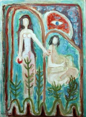 ג'ניה ברגר, אדם וחוה. ג'ניה ברגר (1907-2000), אדם וחוה, שמן על בד, 68x49 ס"מ, חתום.