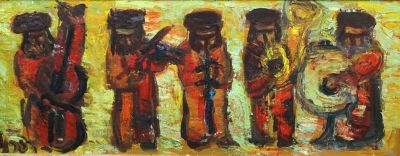 יצחק פרנקל-פרנל, כליזמרים. יצחק פרנקל-פרנל (1899-1981), כליזמרים, שמן על בד, 20x46 ס"מ, חתום.